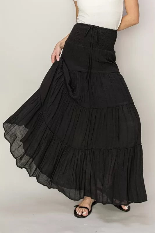 Drawstring Waist Tiered Maxi Skirt