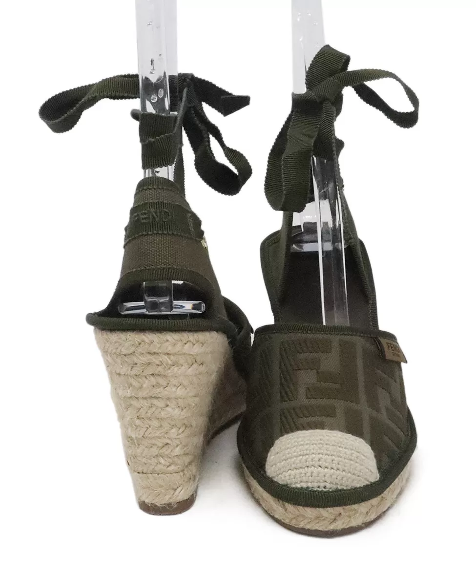 Fendi Green Canvas Espadrilles Wedges sz 6