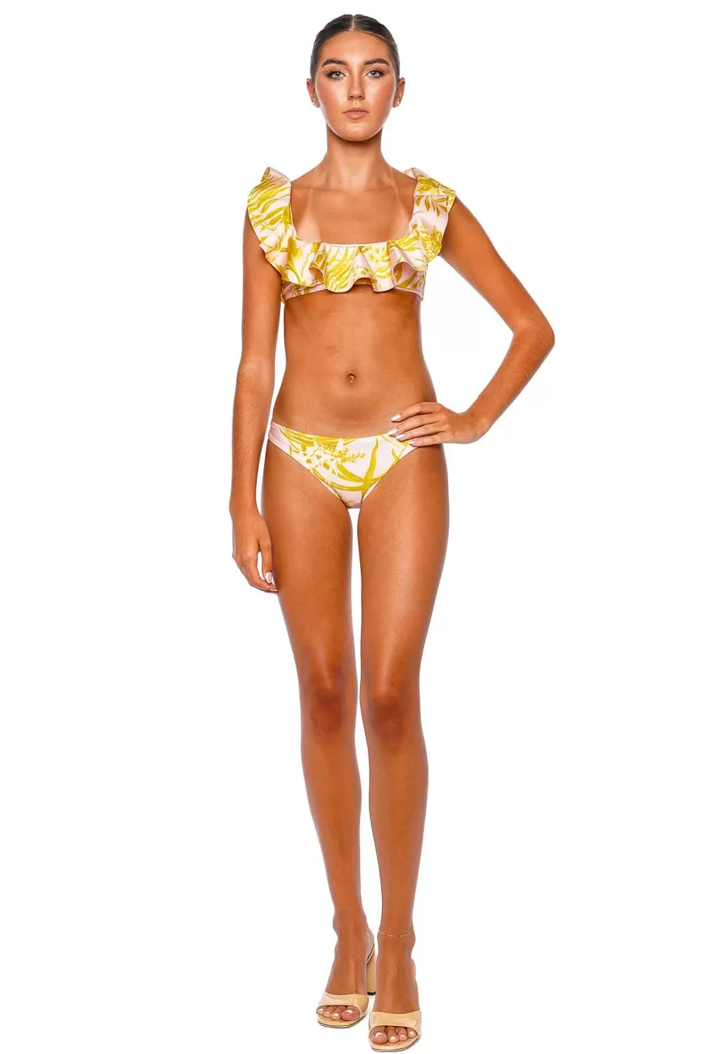 Golden Floral Frill Neck Bikini Set