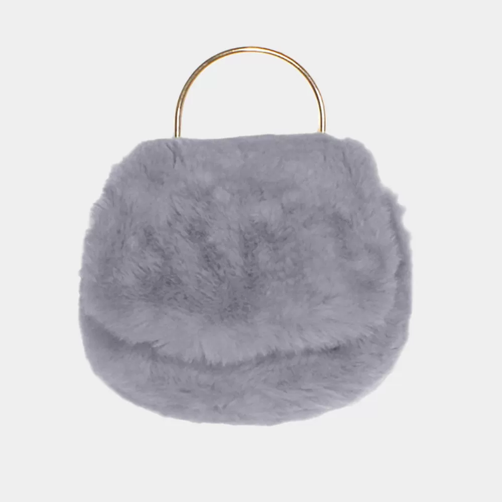 Gray Solid Faux Fur Tote / Crossbody Bag