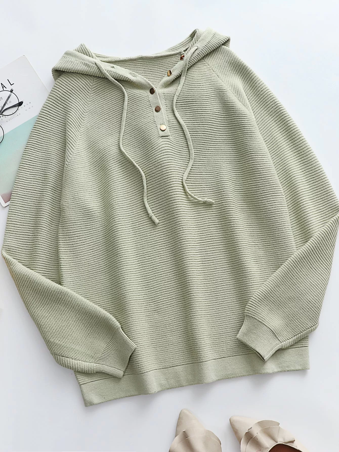 Horizontal Ribbing Drawstring Hooded Sweater