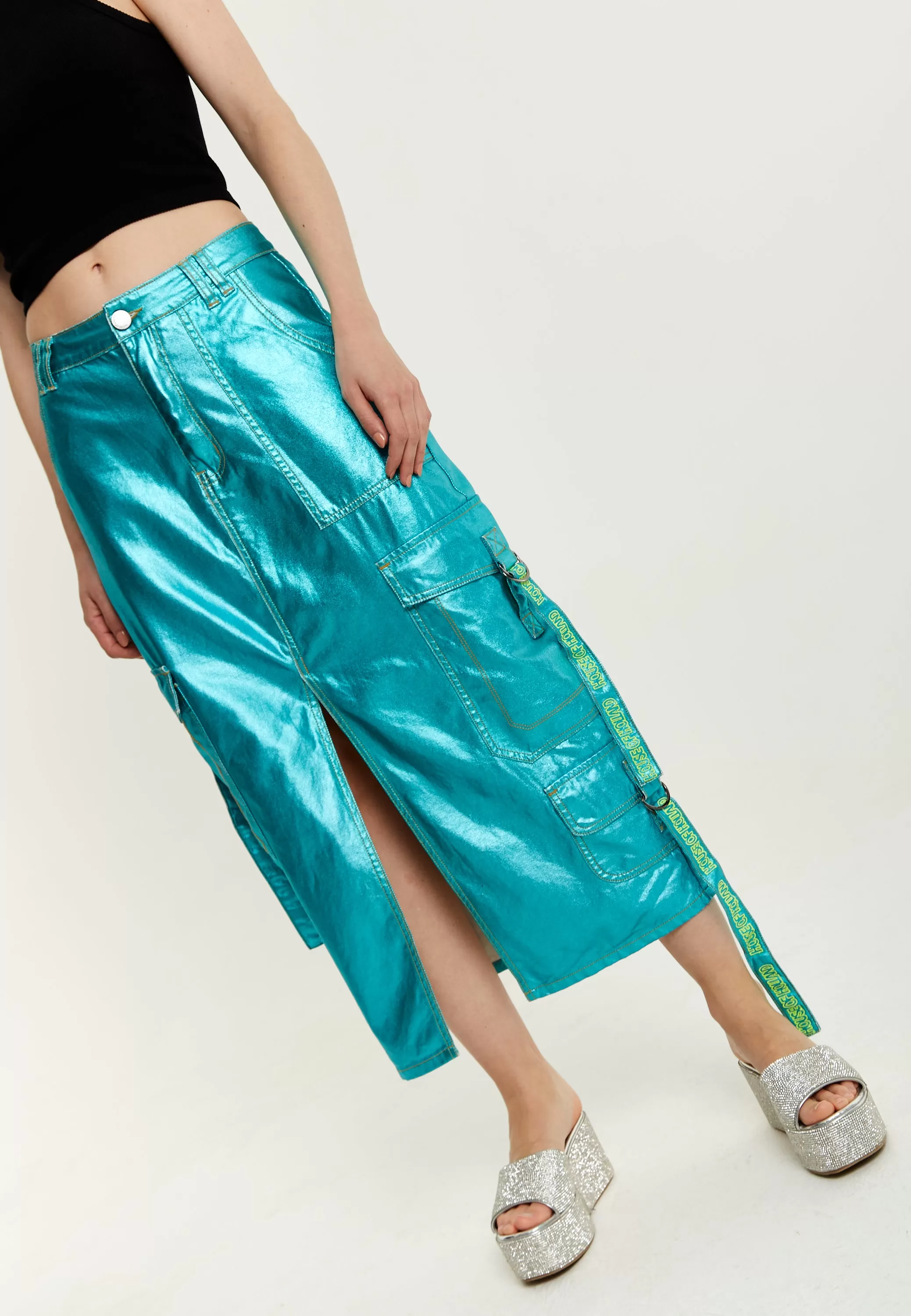 House Of Holland Metallic Blue Midi Skirt