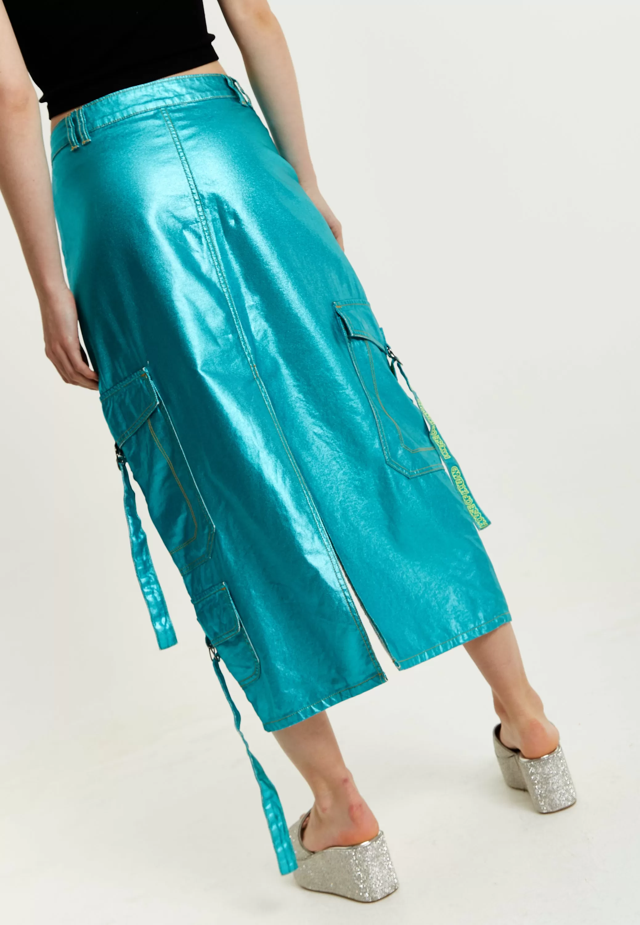 House Of Holland Metallic Blue Midi Skirt