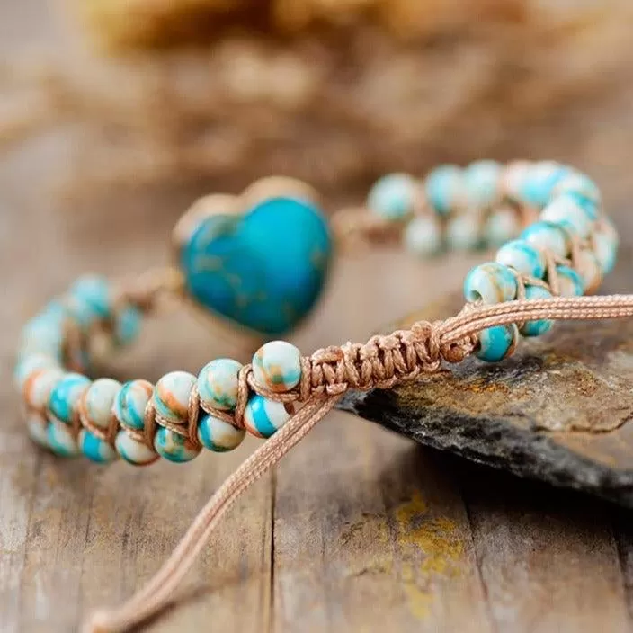 Jasper Heart Charm Braided Bracelet - sky blue