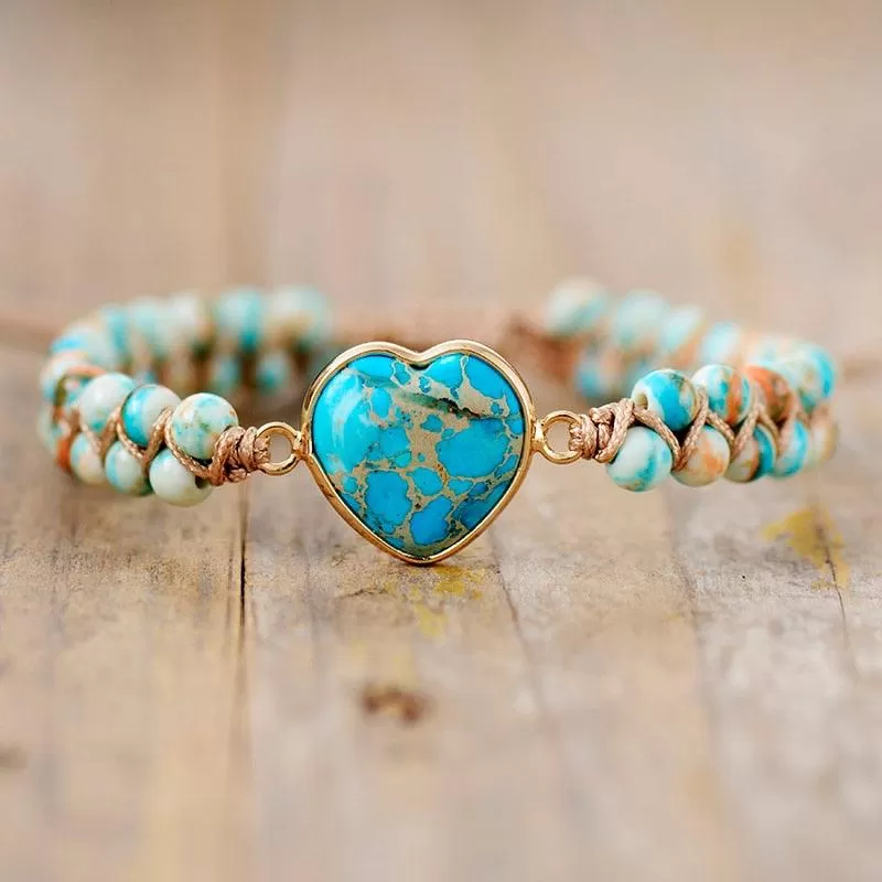 Jasper Heart Charm Braided Bracelet - sky blue