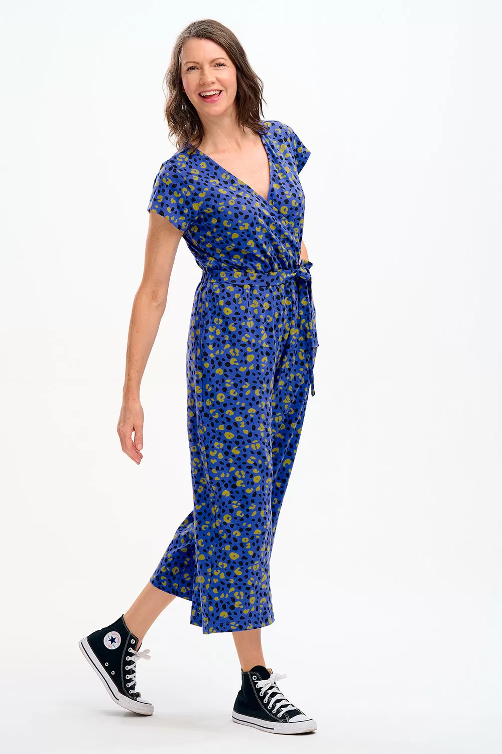 Katrina Cropped Jersey Jumpsuit - Blue, Painted Leopard