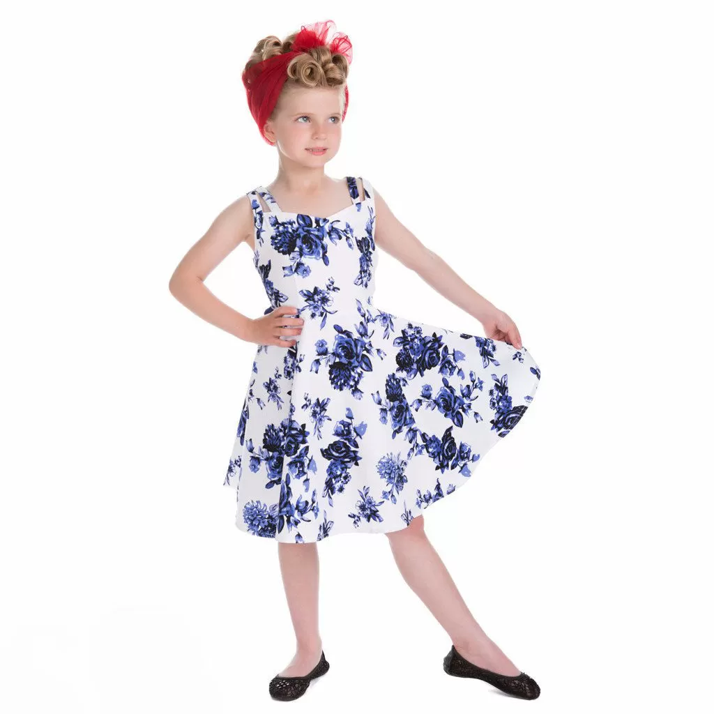 Little Kitty Girl's White and Blue Floral Party Dress