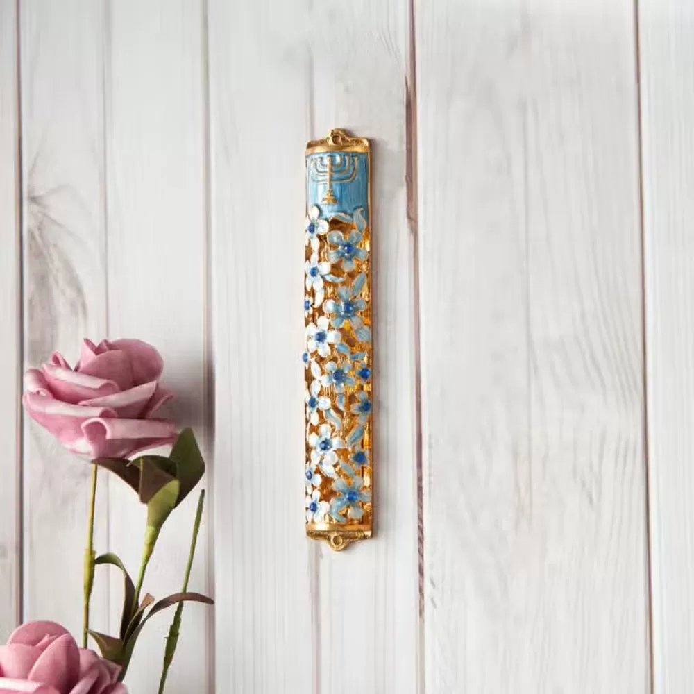 Matashi Hand Painted Blue & Ivory Enamel Mezuzah-5.5