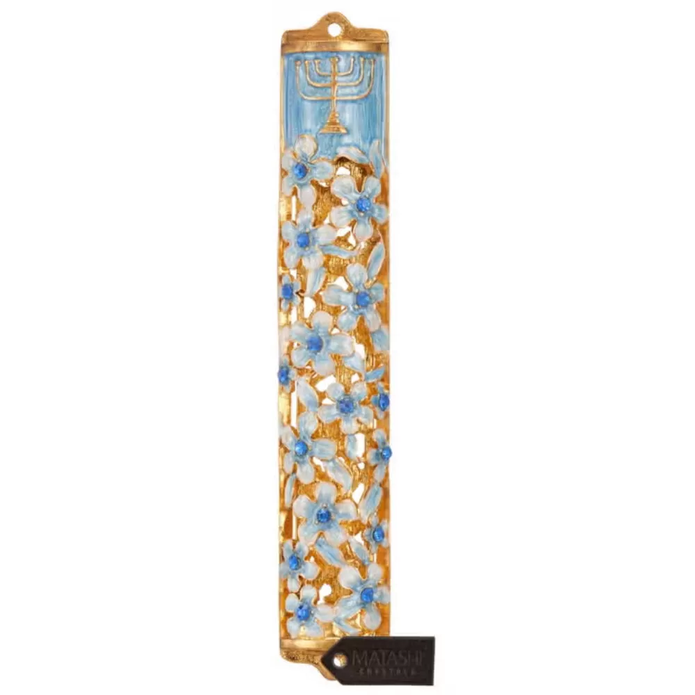 Matashi Hand Painted Blue & Ivory Enamel Mezuzah-5.5