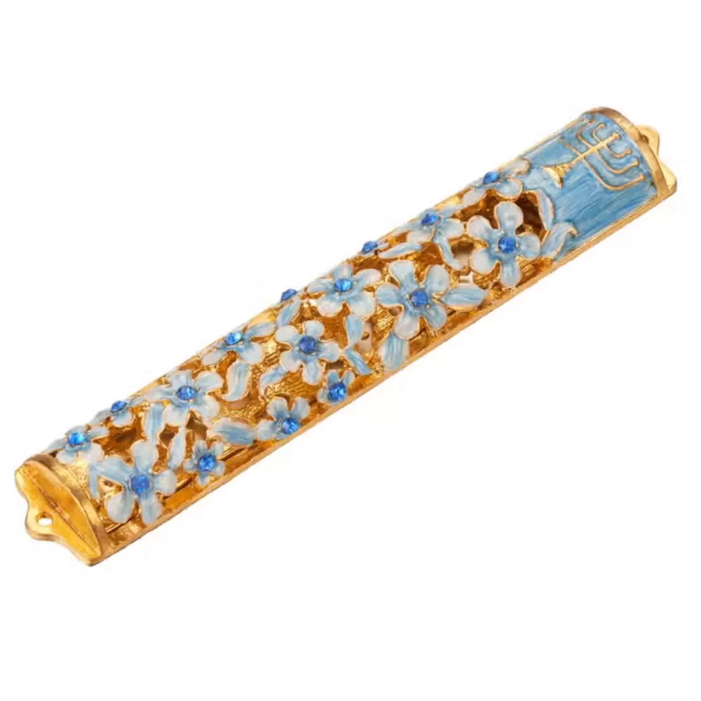 Matashi Hand Painted Blue & Ivory Enamel Mezuzah-5.5