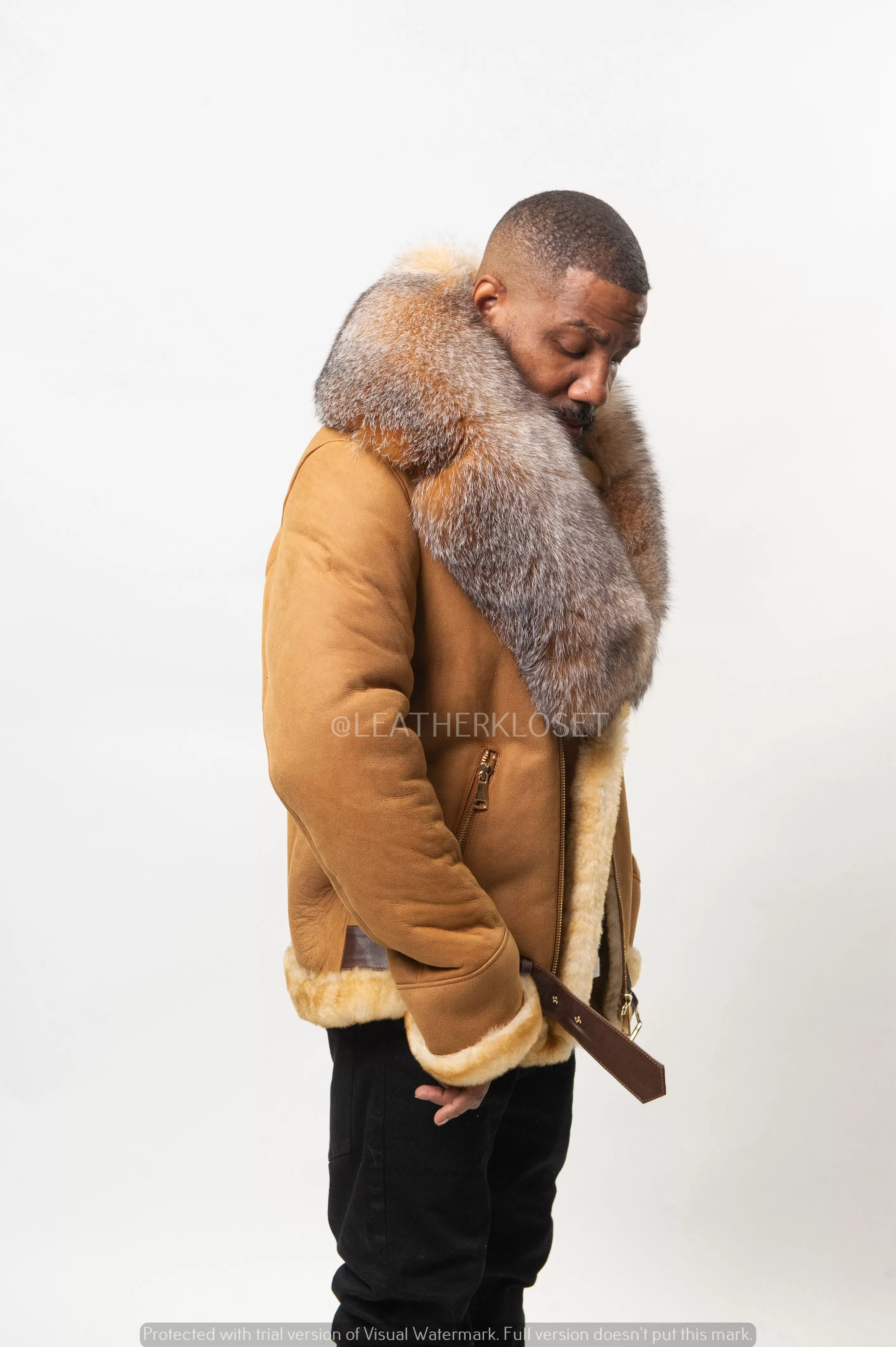 Men's Classic Sheepskin Shearling Biker With Fox Collar