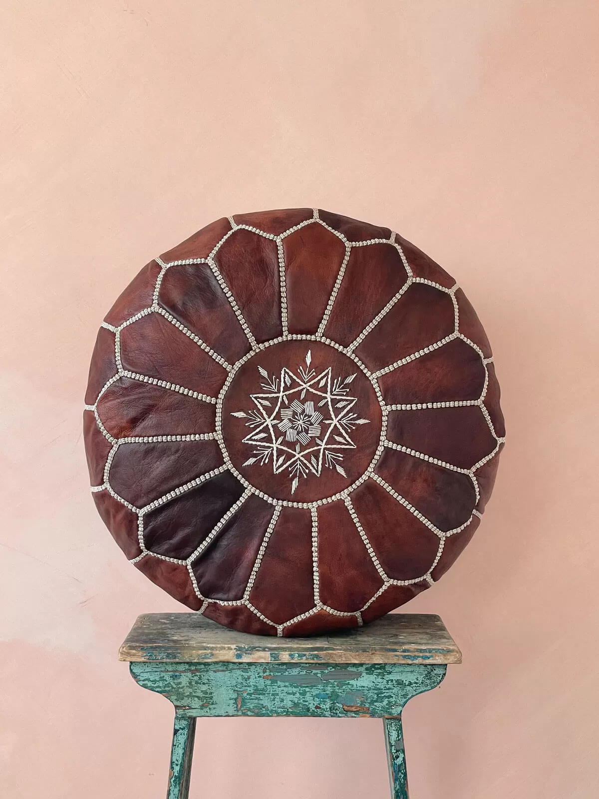 Moroccan Leather Pouffe, Chestnut