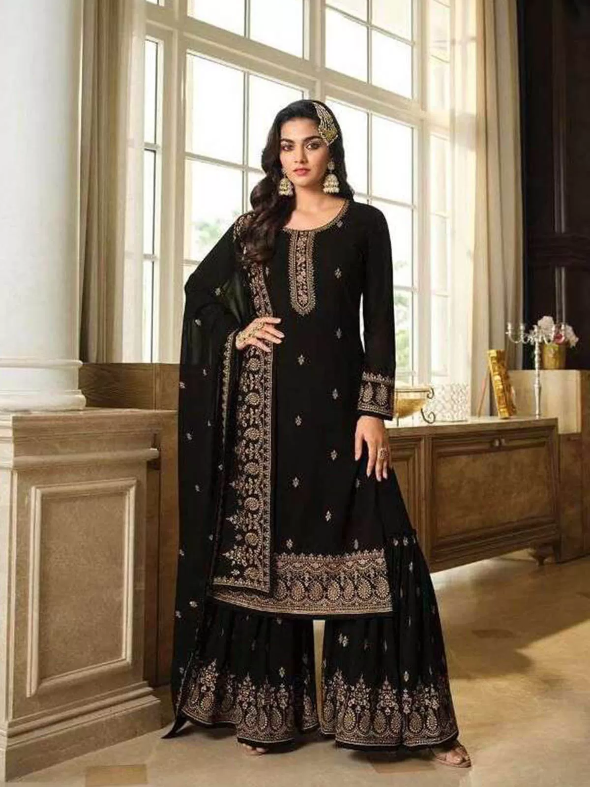 Odette Women Black Embroidered Georgette Sharara Style Semi-Stitched Salwar Suit