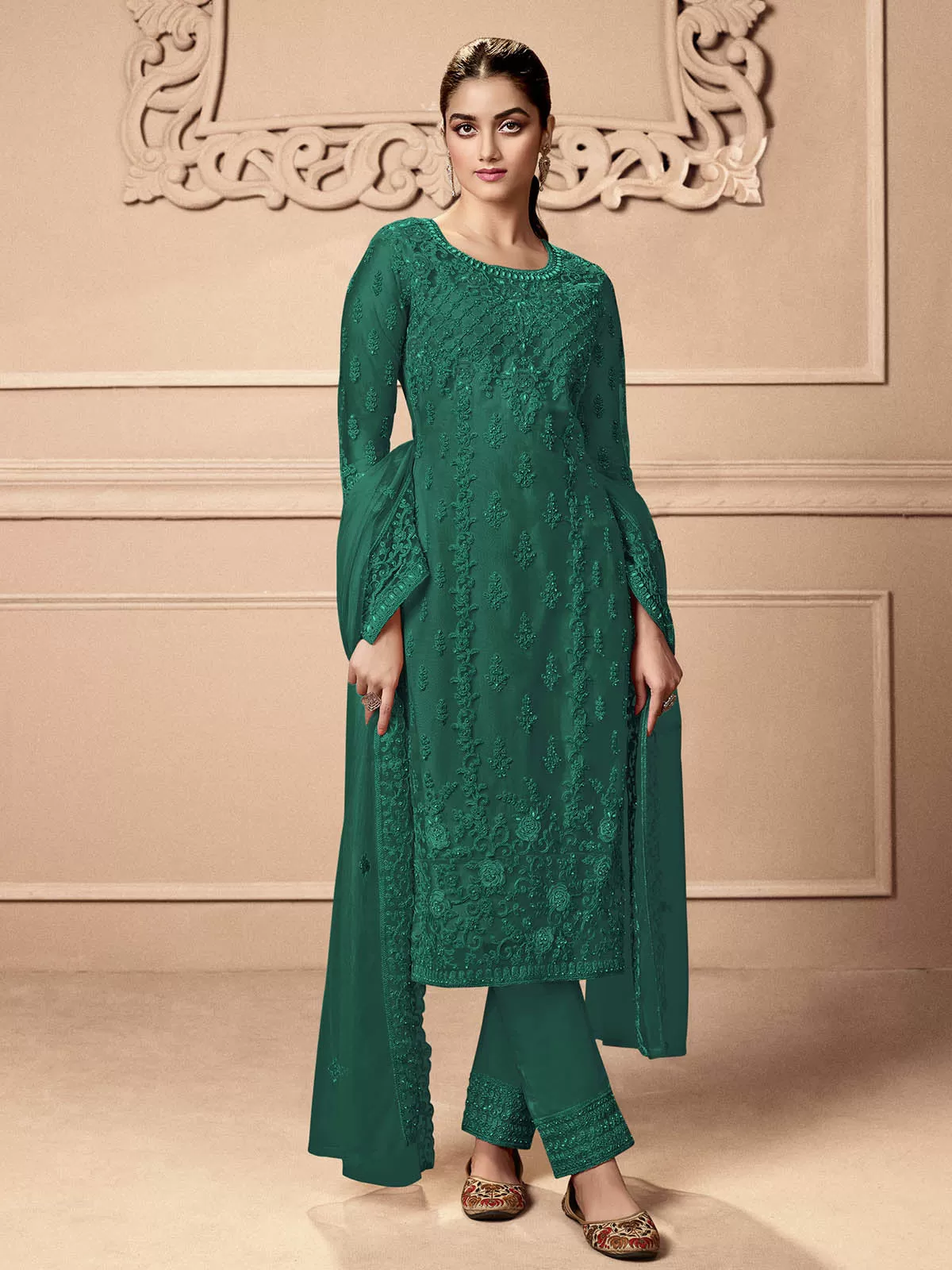 Odette Women Green Embroidered Georgette Semi Stitched Palazo Suit