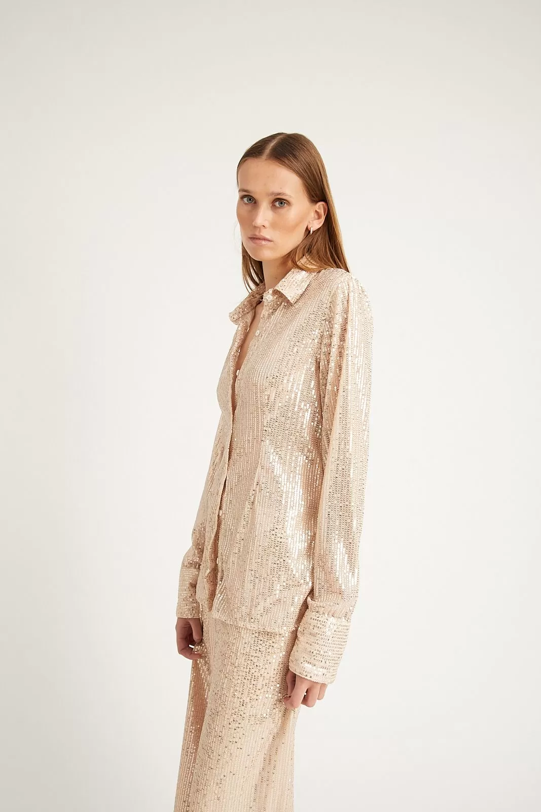 Off White Sequin Fitted Button Down