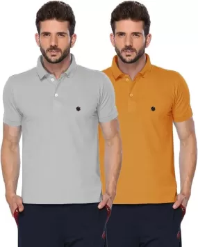 ONN Men's Cotton Polo T-Shirt (Pack of 2) in Solid Grey Melange-Mustard colours