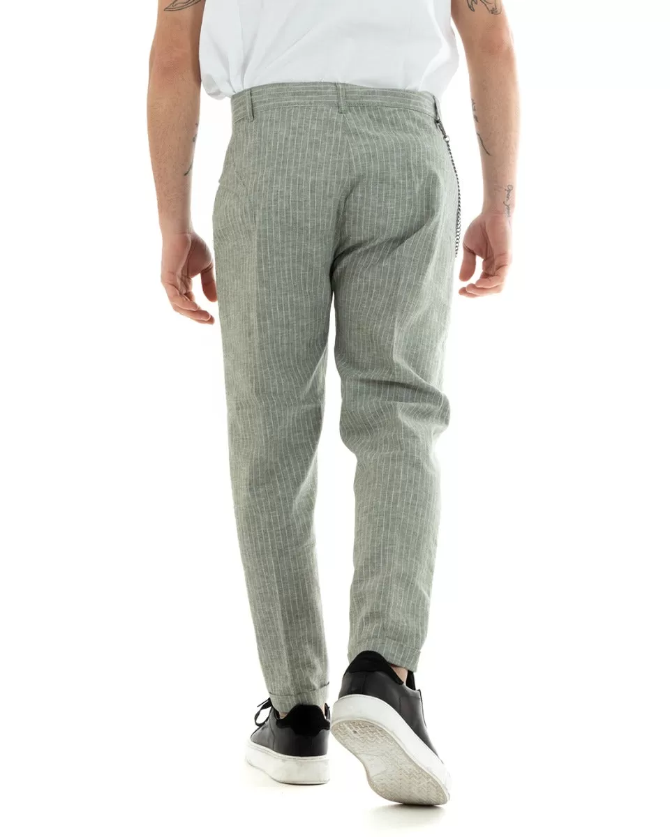 Pantaloni Uomo Lino Tasca America Rigato Gessato Verde Abbottonatura Allungata GIOSAL-P5753A