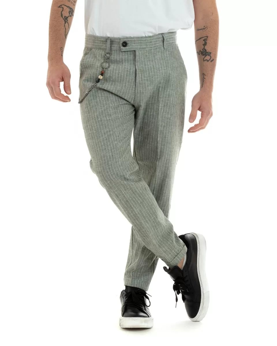 Pantaloni Uomo Lino Tasca America Rigato Gessato Verde Abbottonatura Allungata GIOSAL-P5753A