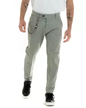 Pantaloni Uomo Lino Tasca America Rigato Gessato Verde Abbottonatura Allungata GIOSAL-P5753A