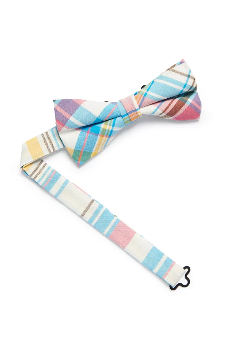 Pastel Plaid Print Bow Tie - Blue