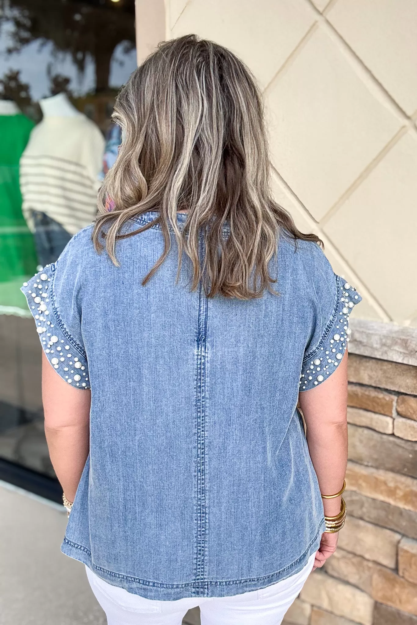 Pearl Time Chambray Top - Light Blue