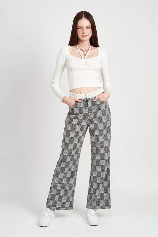 PLAID CHECKERED WIDE LEG PANTS