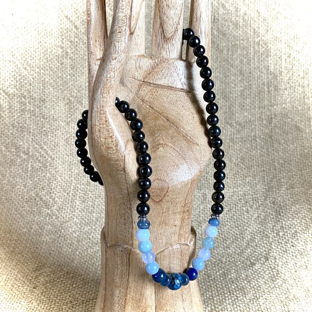 Short Shungite Necklace, Blue Gemstones, Throat Chakra, Communication