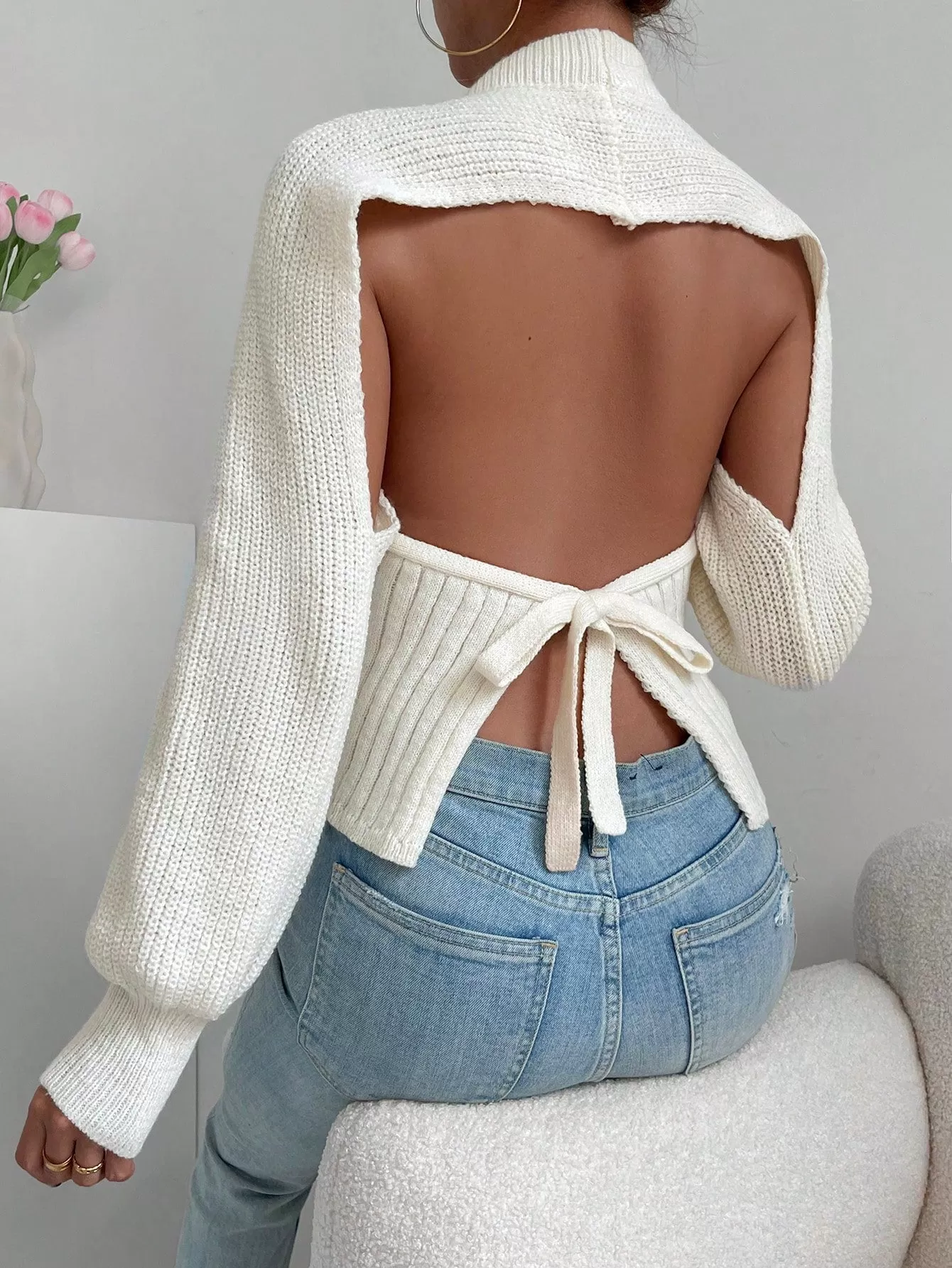 Solid Tie Backless Bishop Sleeve Sweater