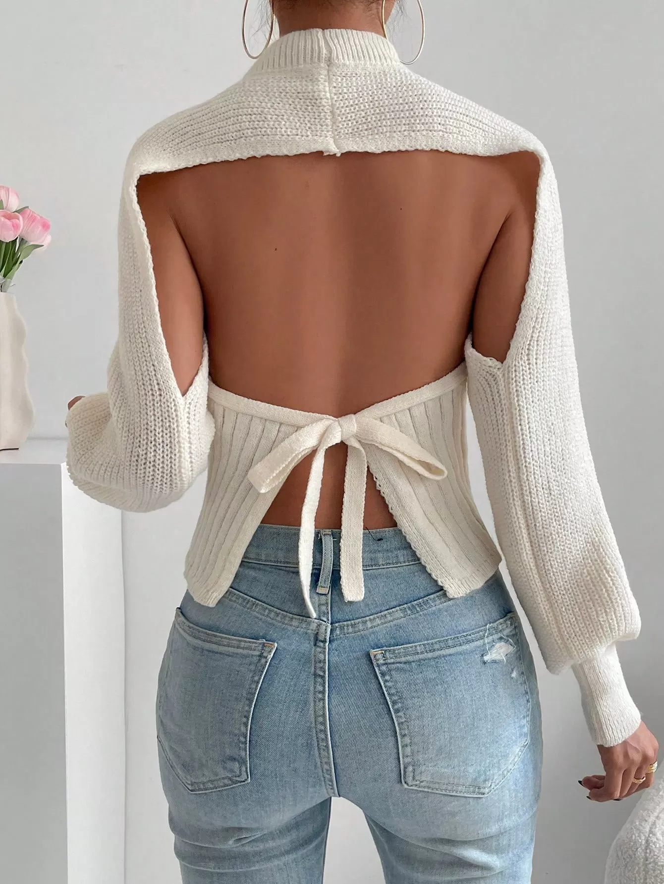 Solid Tie Backless Bishop Sleeve Sweater