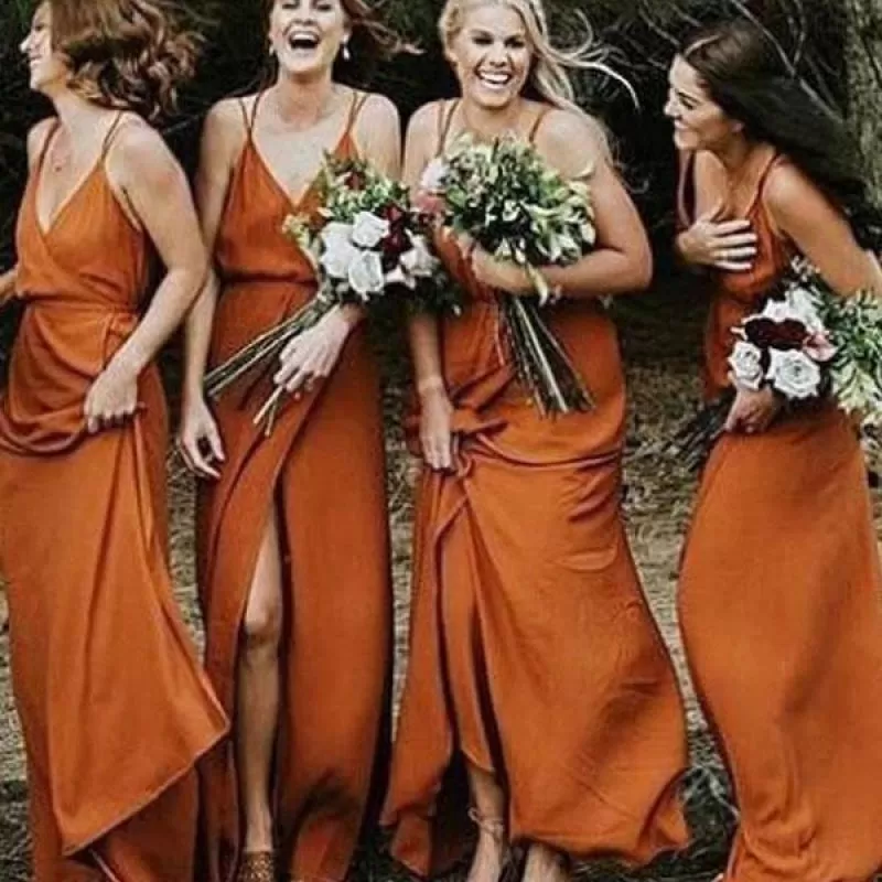 Spaghetti Strap V Neck Split Long Bridesmaid Dress