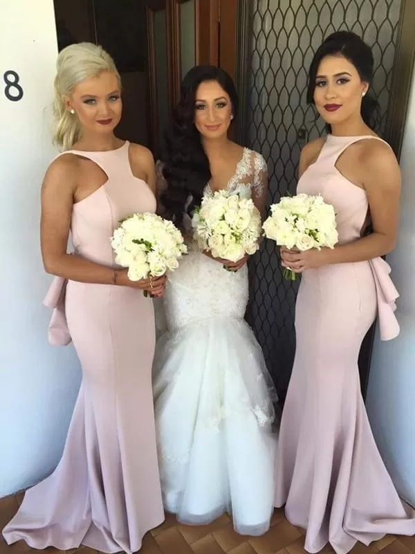 Stylish Trumpet/Mermaid Sleeveless Sweep/Brush Halter Train Satin Bridesmaid Dresses YB33PO619