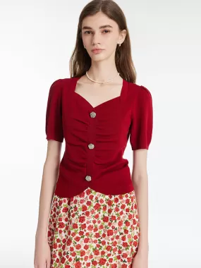 Tencel-Silk Blend Ruched Women Knit Top With Rose Shaped Button