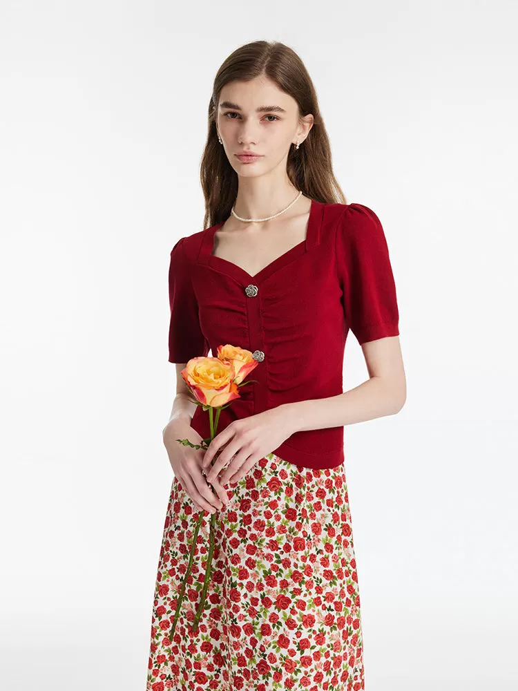 Tencel-Silk Blend Ruched Women Knit Top With Rose Shaped Button