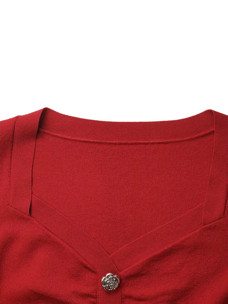 Tencel-Silk Blend Ruched Women Knit Top With Rose Shaped Button