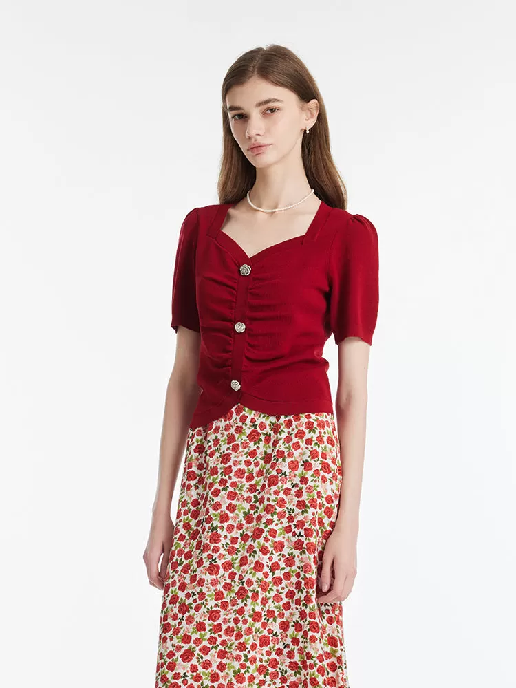 Tencel-Silk Blend Ruched Women Knit Top With Rose Shaped Button