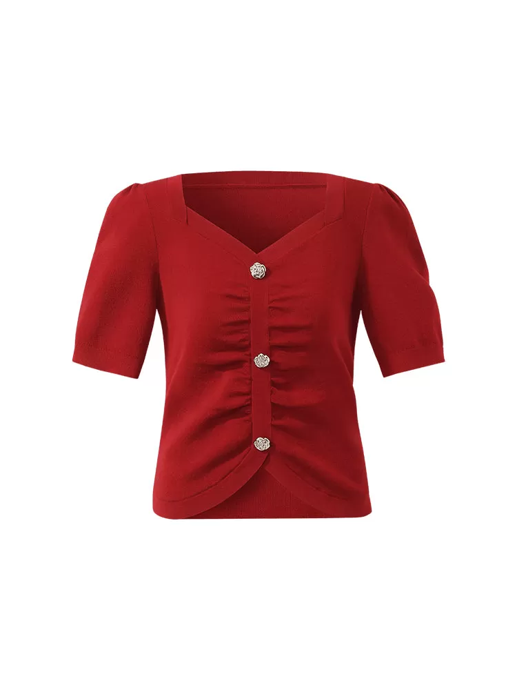 Tencel-Silk Blend Ruched Women Knit Top With Rose Shaped Button