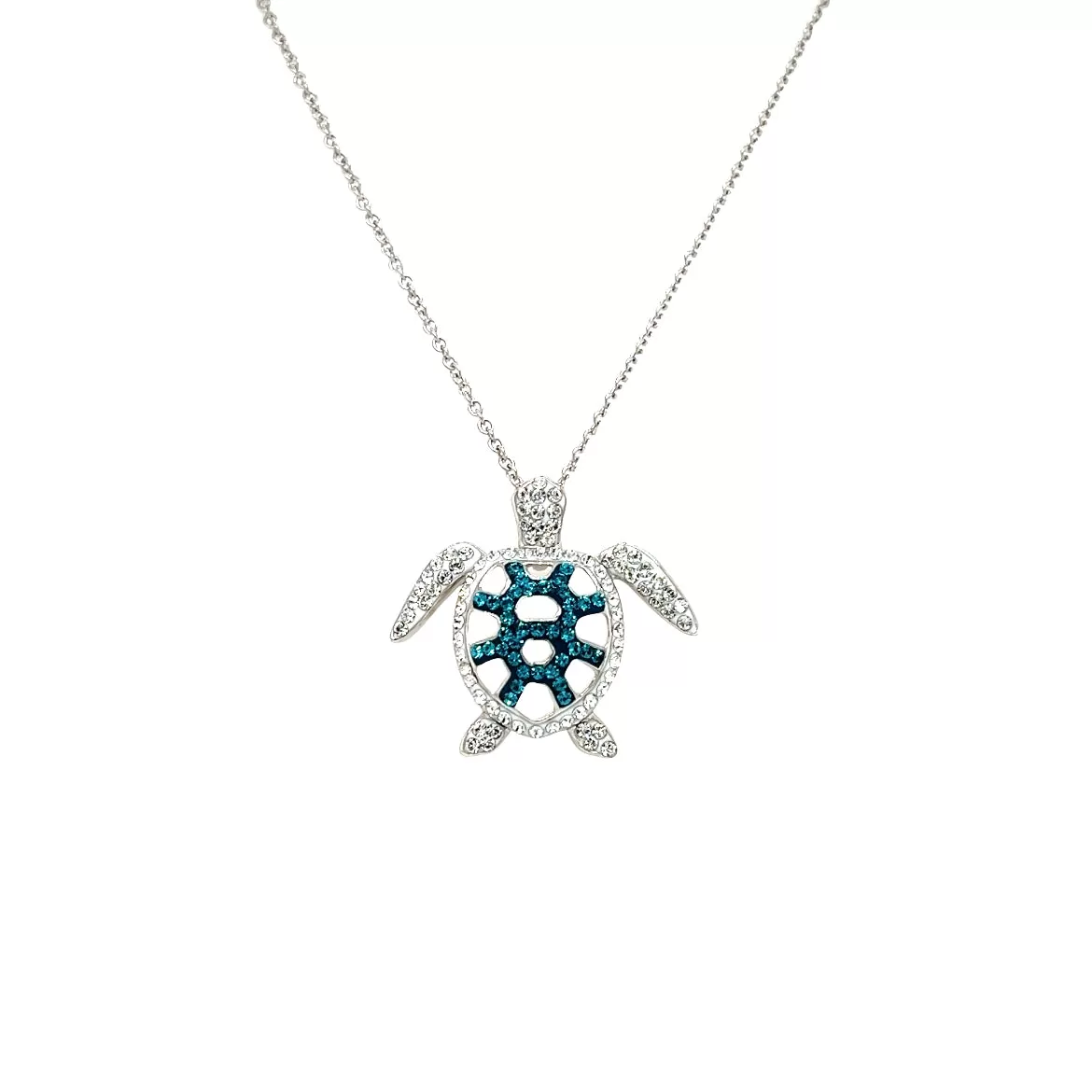 Turtle Necklace with Blue and White Crystals in Sterling Silver