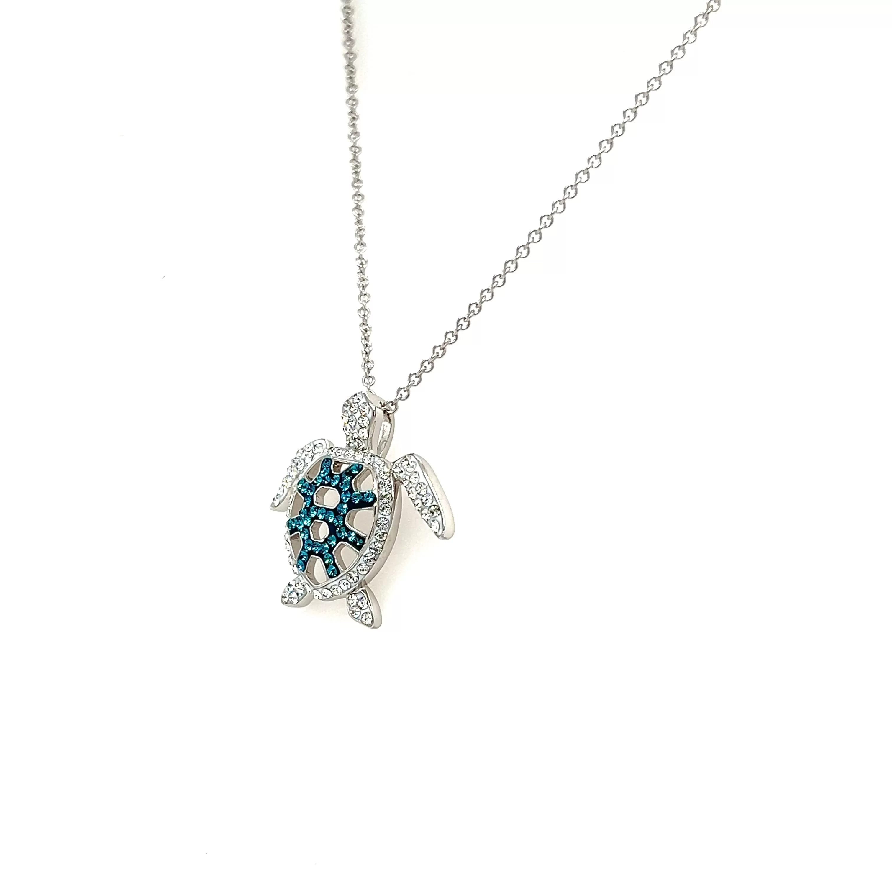 Turtle Necklace with Blue and White Crystals in Sterling Silver