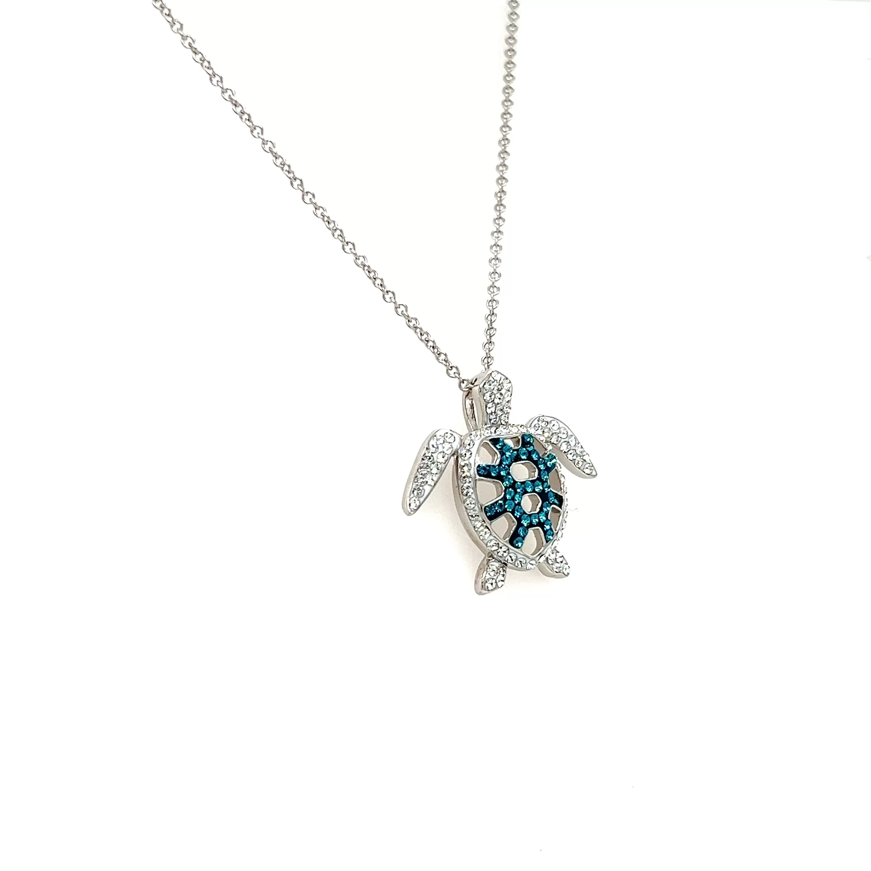 Turtle Necklace with Blue and White Crystals in Sterling Silver