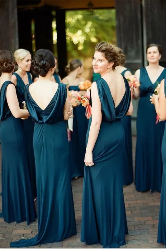 Unique V Neck Sleeveless Modern Long Bridesmaid Dress