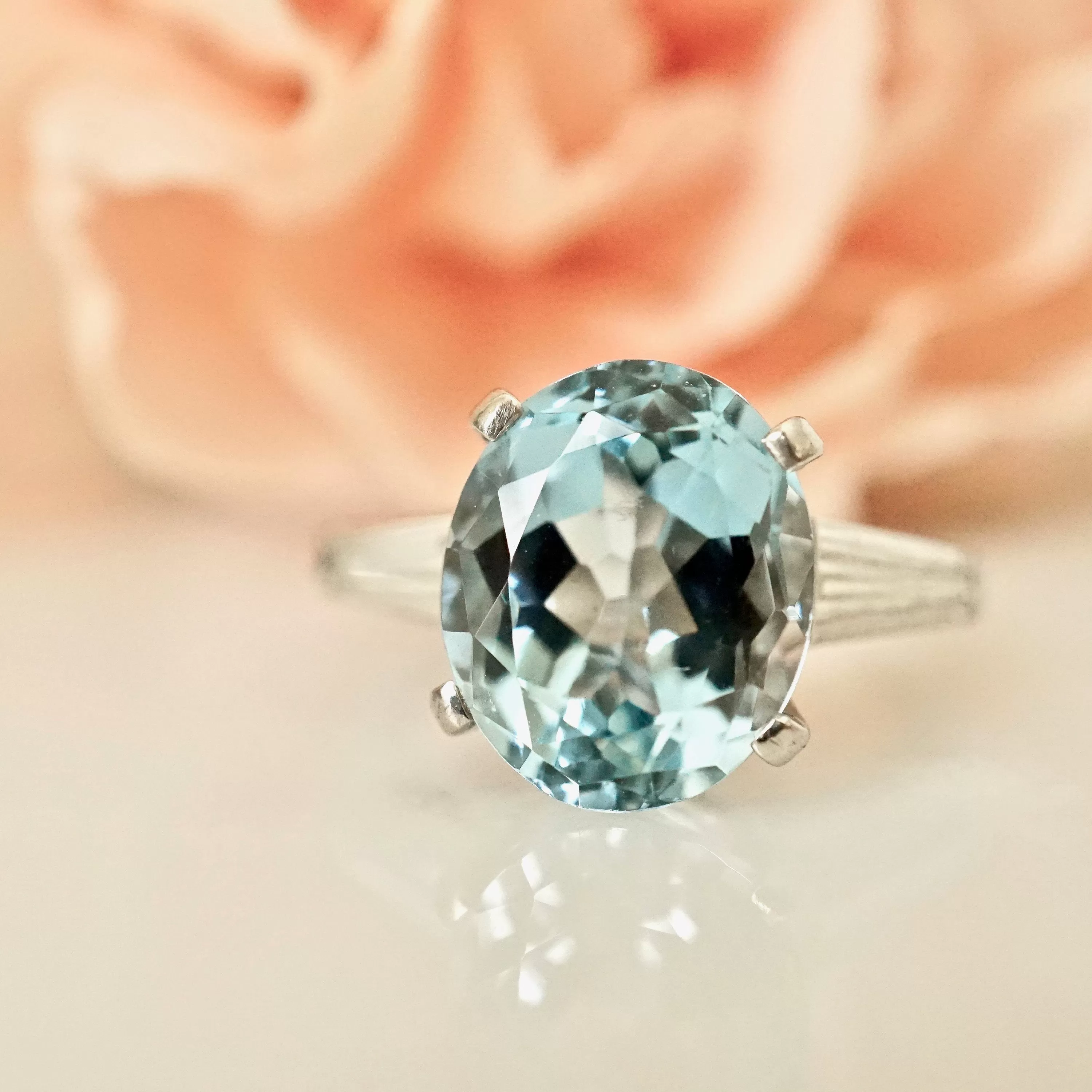 Vintage Aquamarine and Baguette Diamond Ring in Platinum - Aquamarine Diamond Platinum Ring