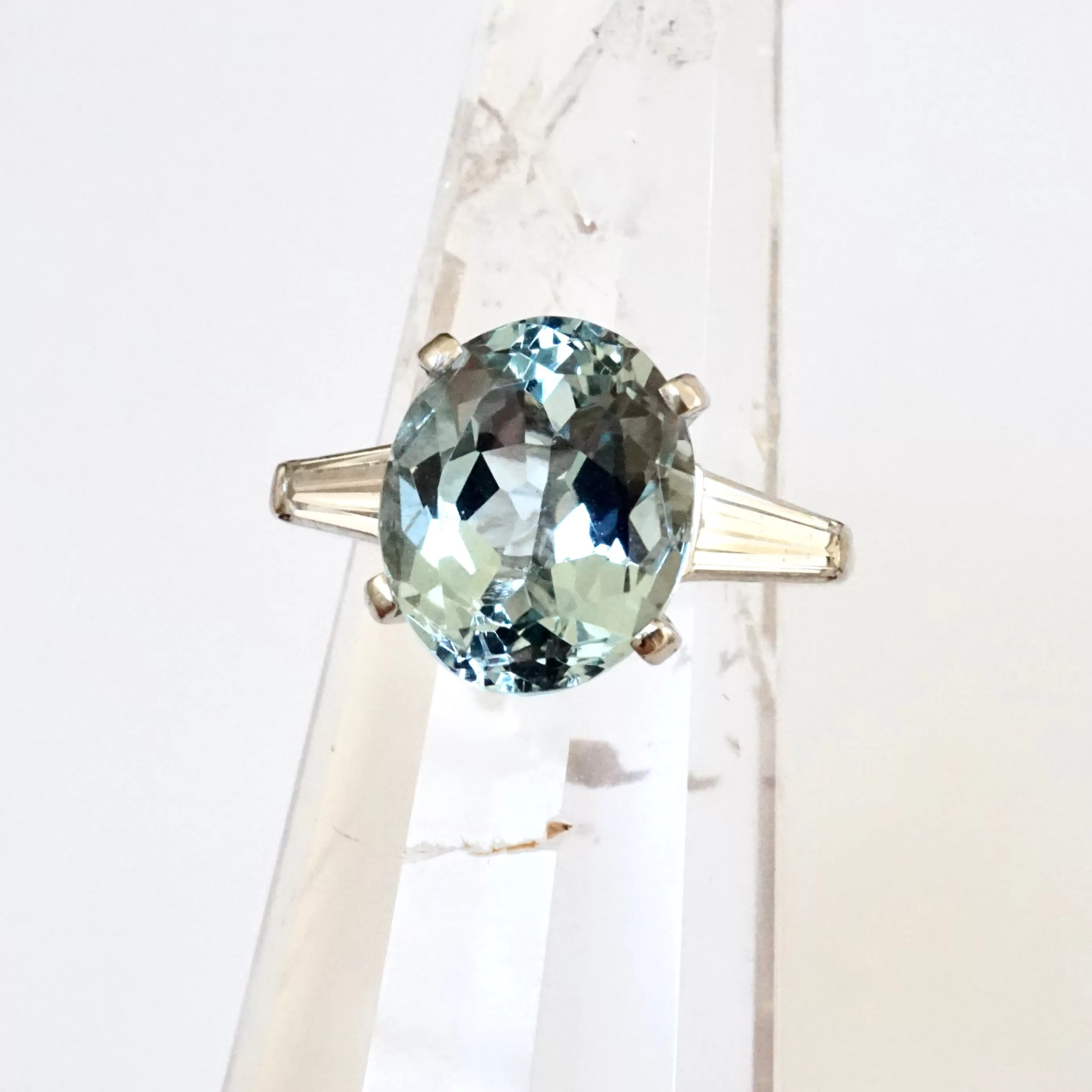 Vintage Aquamarine and Baguette Diamond Ring in Platinum - Aquamarine Diamond Platinum Ring