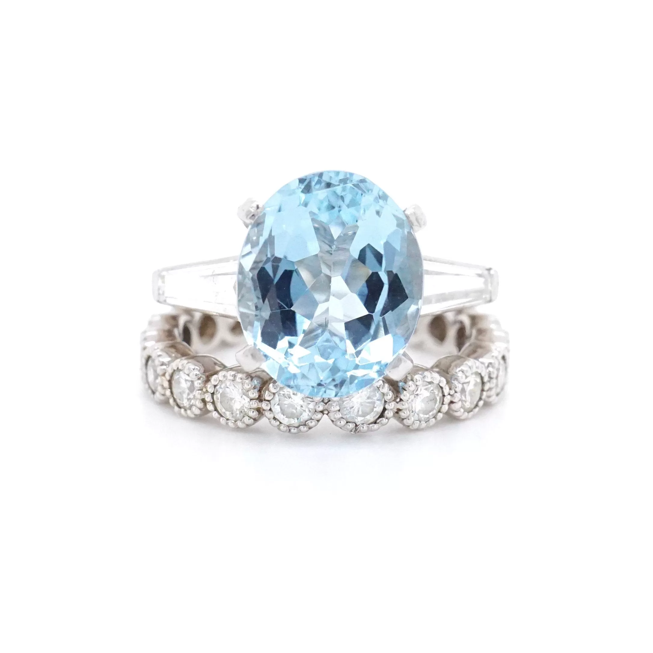 Vintage Aquamarine and Baguette Diamond Ring in Platinum - Aquamarine Diamond Platinum Ring