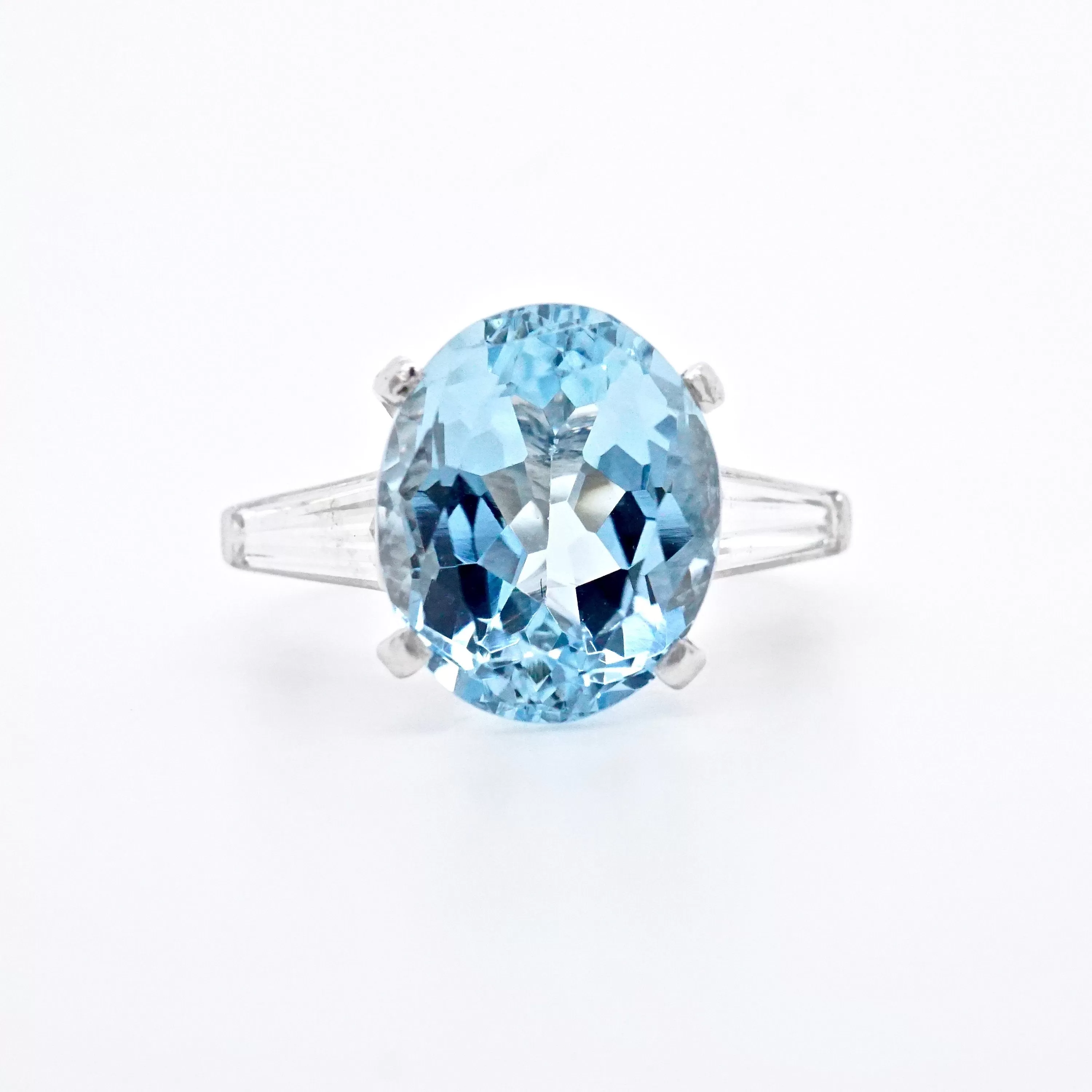 Vintage Aquamarine and Baguette Diamond Ring in Platinum - Aquamarine Diamond Platinum Ring