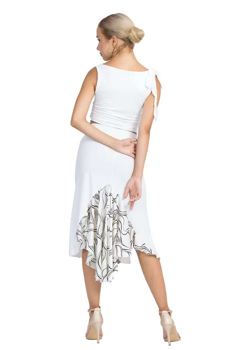 White Tango Skirt With Subtle Lines Print Satin Tail