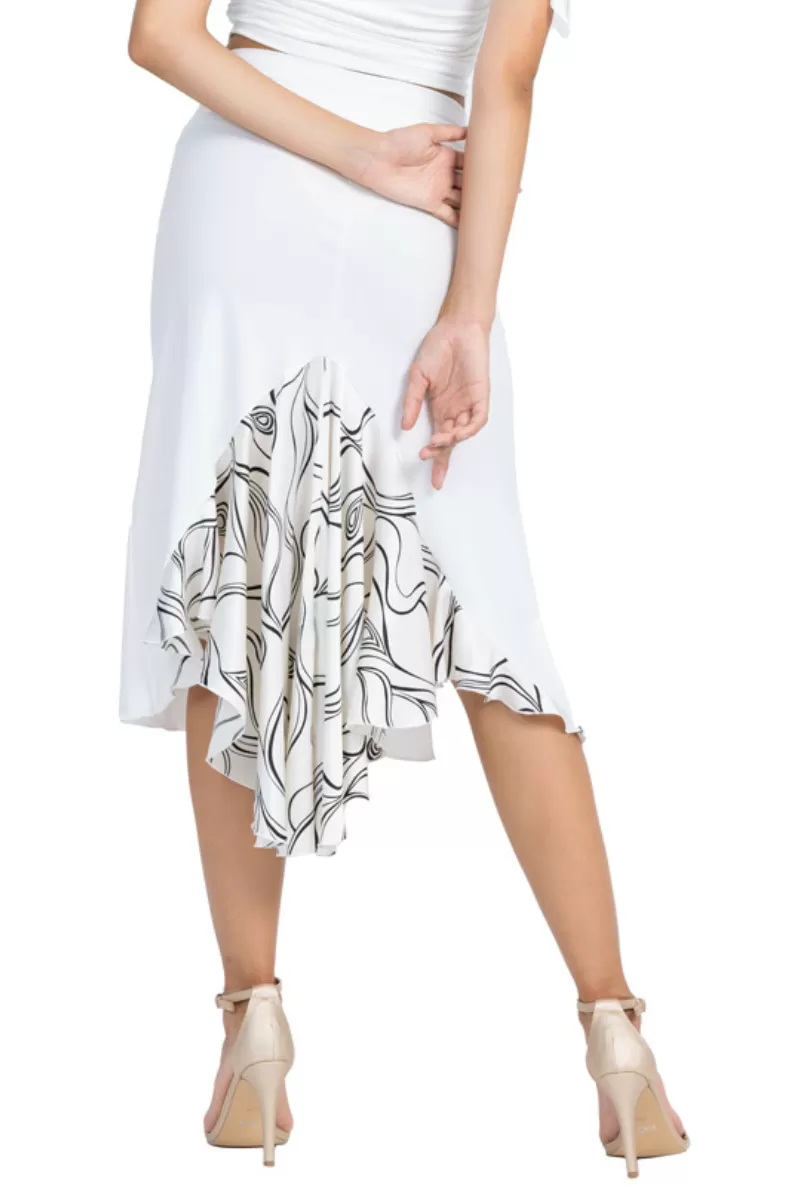 White Tango Skirt With Subtle Lines Print Satin Tail