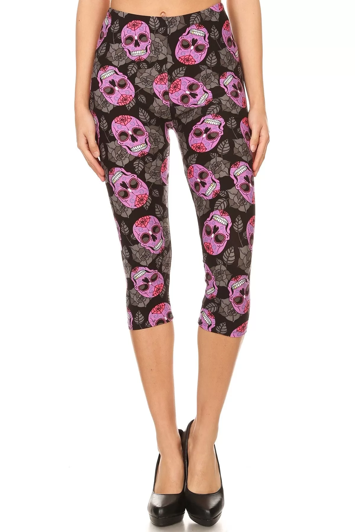 Women's Plus Purple Sugar Skull Floral Printed Cropped Capri Leggings