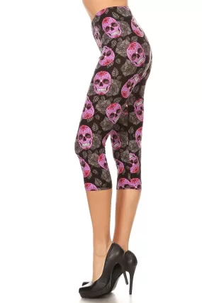 Women's Plus Purple Sugar Skull Floral Printed Cropped Capri Leggings