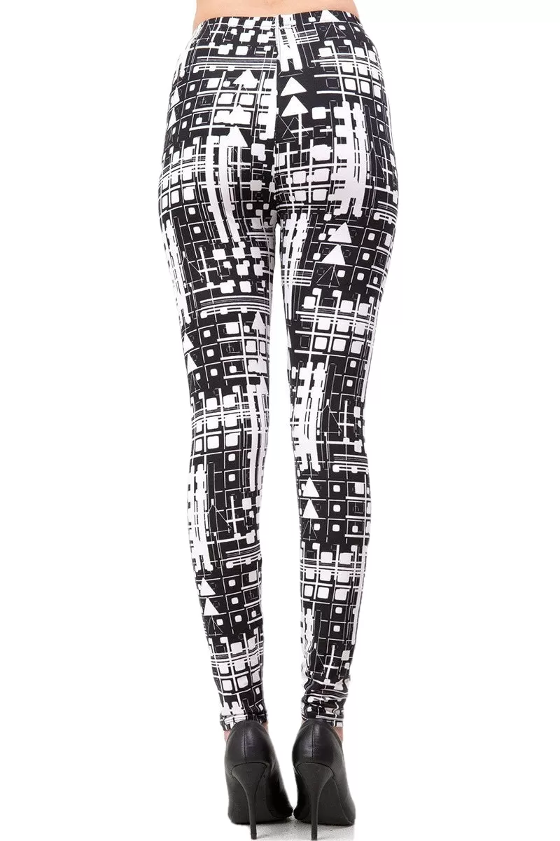 Women's Regular B&W Abstract Mixed Geometric Forms Pattern Printed Leggings