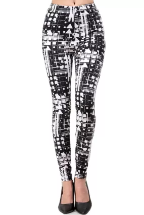 Women's Regular B&W Abstract Mixed Geometric Forms Pattern Printed Leggings